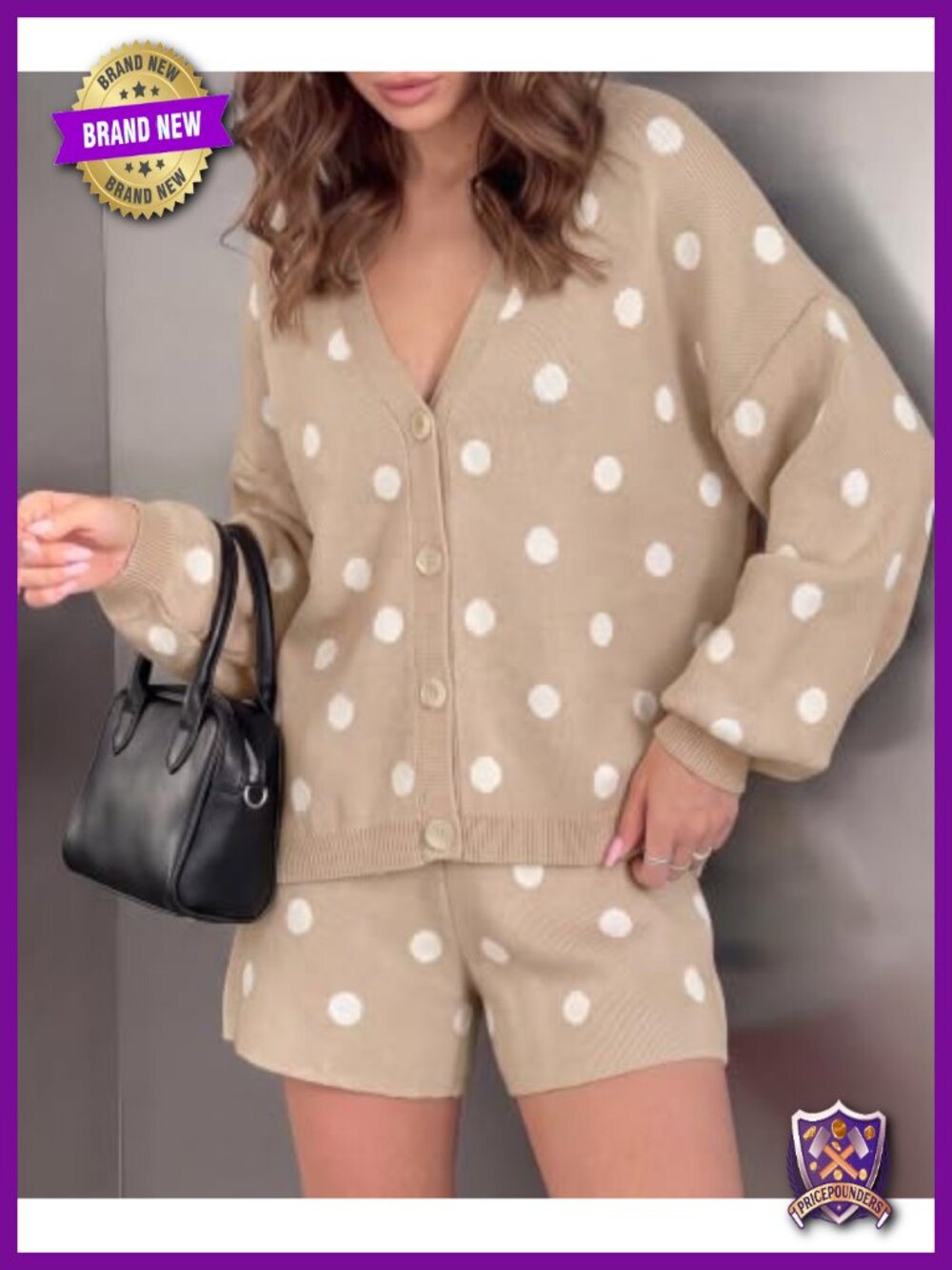 Womens 2 Piece Outfits Polka Dot Knit Cardigan Sweater & Shorts Set - Picture 3 of 5